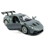 1/36 die-cast Porsche 911 GT3 RSR model car, light gray, with rear wing