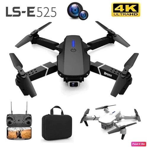 Black foldable quadcopter drone with four propellers and front camera, blue status light
