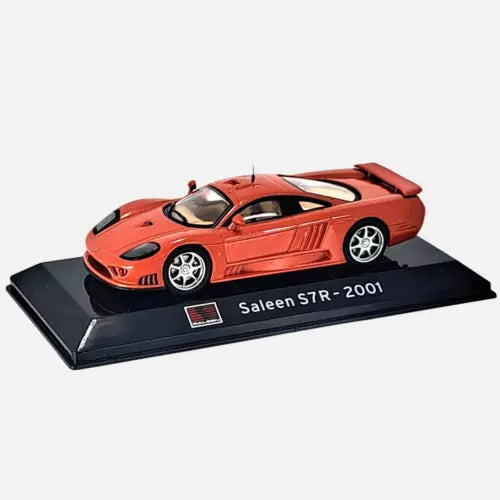 Red diecast sports car model with black base, "Saleen S7R-2001" label