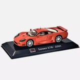 Red diecast sports car model with black base, "Saleen S7R-2001" label