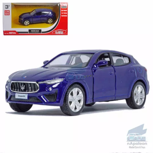 1:36 Maserati Levante GTS blue diecast model car, front 3/4
