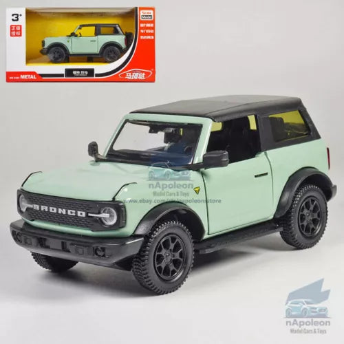 Mint green Ford Bronco 2-door diecast model SUV, front three-quarter view.