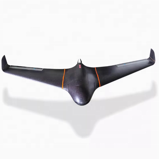 Large flying wing RC drone airplane, black foam with orange trim lines