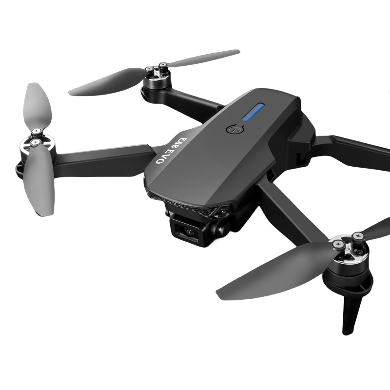 Mini quadcopter drone with forward camera, foldable propellers, dark gray body