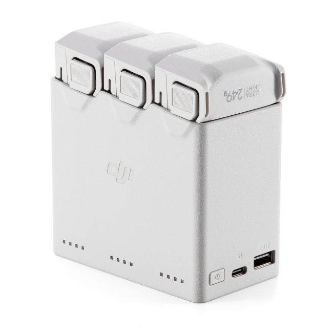 Drone battery charger hub with three charging ports, matte gray body and USB-C port