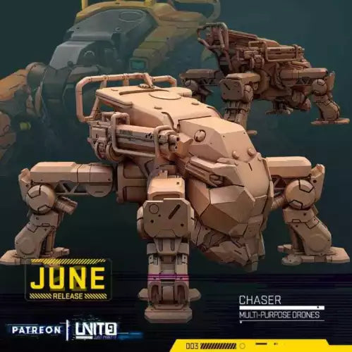 Chaser multi-purpose drone, tan robotic chassis with multiple articulated arms