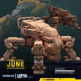 Chaser multi-purpose drone, tan robotic chassis with multiple articulated arms