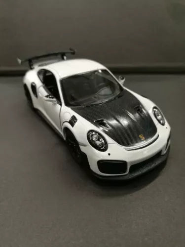 Porsche 911 GT2 RS white diecast toy car, black hood detail, 1/36 scale