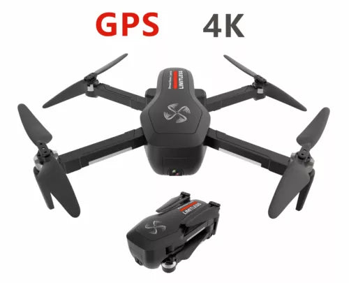 Black quadcopter drone with four propellers and front camera module