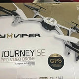 White pro video drone with GPS badge and Journey SE markings