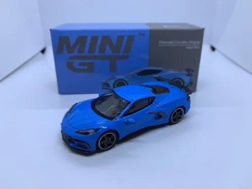 MINI GT Chevrolet Corvette C8 blue diecast car, black wheels and hood vents