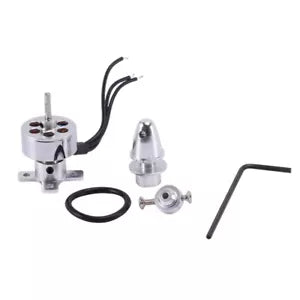 Brushless motor out-runner kit with mounting hardware, wires, and Allen key