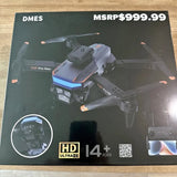 Quadcopter drone shown on retail box, HD Ultra HD and 4+ ages label