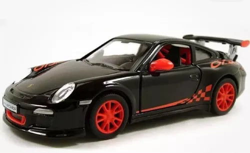 Black pull-back diecast sports car with red wheels and orange check stripes