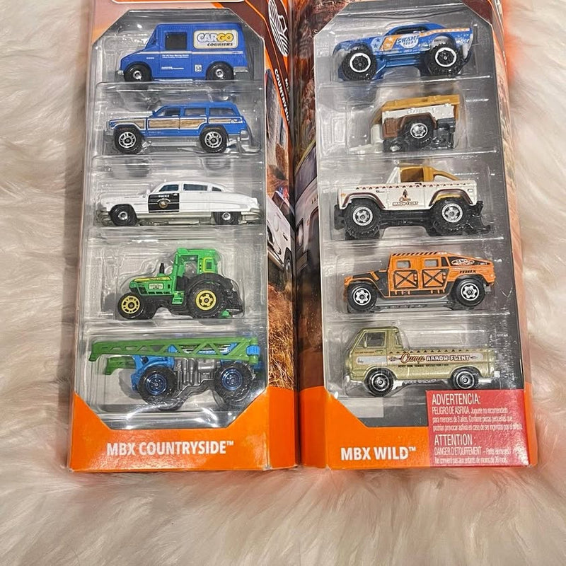 Diecast metal car multipack in blister package, blue and orange vehicles visible