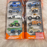Diecast metal car multipack in blister package, blue and orange vehicles visible