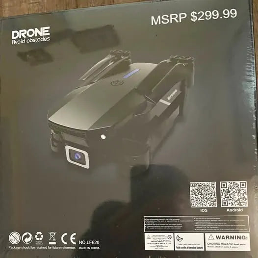 Foldable quadcopter drone with front camera and LED lights, light gray body