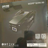 Foldable quadcopter drone with front camera and LED lights, light gray body