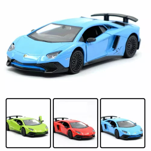 Light blue Lamborghini supercar diecast toy model with black wheels and front spoiler