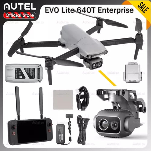Gray quadcopter drone with gimbal thermal camera, propellers, and handheld controller