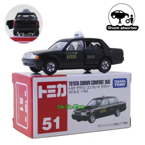 Black Toyota Crown taxi diecast toy car with wheels, shown beside red retail box.