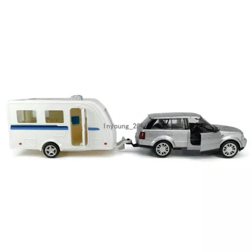 Land Rover Range Rover and white camper RV diecast model toy, gray SUV