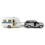 Land Rover Range Rover and white camper RV diecast model toy, gray SUV