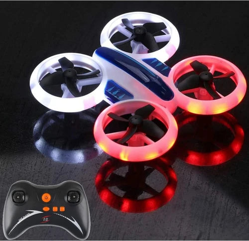 Mini LED RC quadcopter drone with four lit propellers and handheld controller