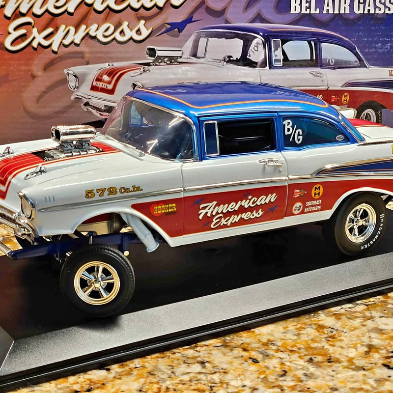 1:18 diecast gasser car model with blue hood, American Express decals, chrome details