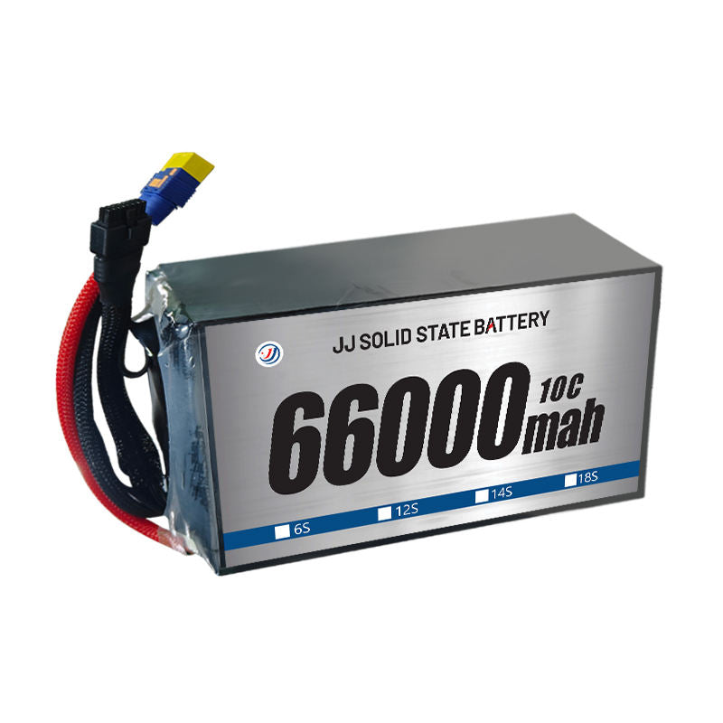 Solid state lithium battery pack with 66000mAh label and red/black wiring, metal case