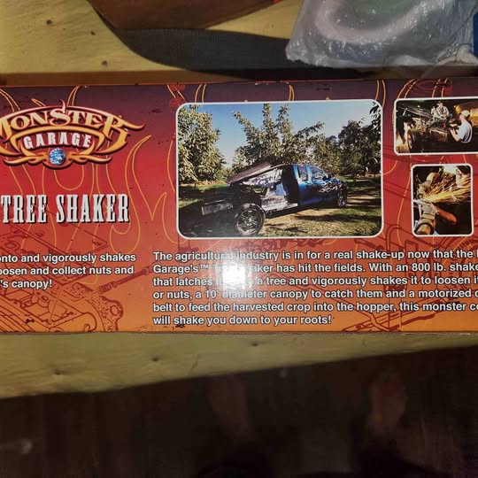 Monster Garage Tree Shaker diecast truck box with blue monster truck artwork
