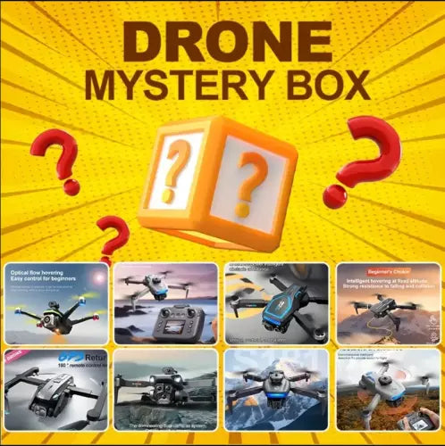 RC drone mystery box graphic with illustrated quadcopter and question marks