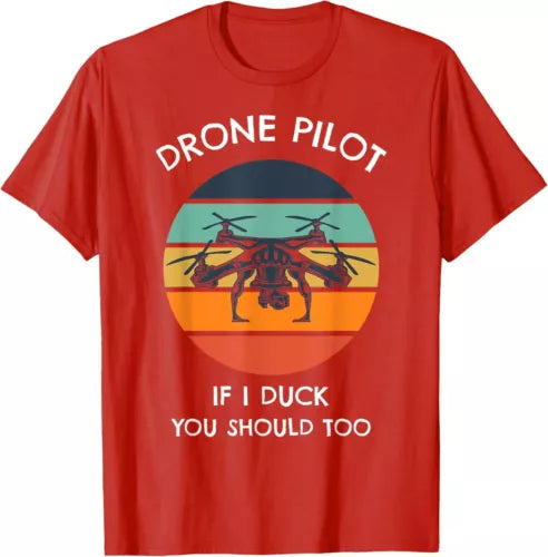 Red unisex graphic t-shirt with 'Drone Pilot' ducking drones print