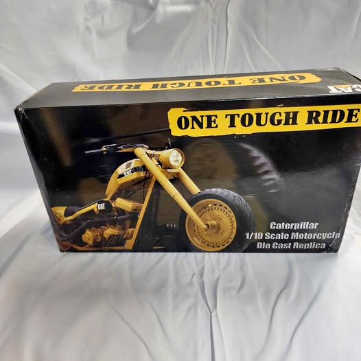 CAT 1/10 diecast motorcycle model in retail box, yellow and black, One Tough Ride