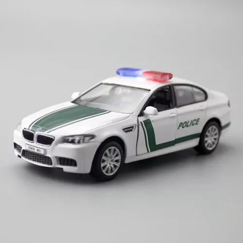 BMW M5 police car diecast model, white with green stripe and POLICE text
