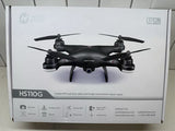 Black quadcopter drone with front camera and four propellers