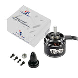 Brushless RC motor with metal shaft and mounting hardware, black with silver trim