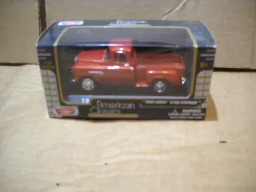 Diecast pickup truck model in display box, orange/red stepside, 1:43 scale
