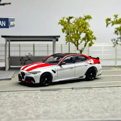 1:64 diecast alloy sports car model, white body with red hood and black wheels