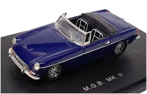 Blue diecast MGB MKII LHD model car with open grille and chrome bumper