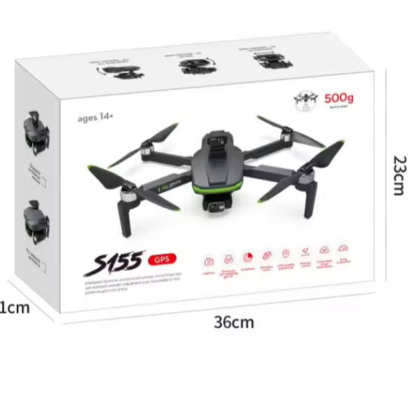 Foldable mini GPS drone with camera, four propellers, shown in retail box