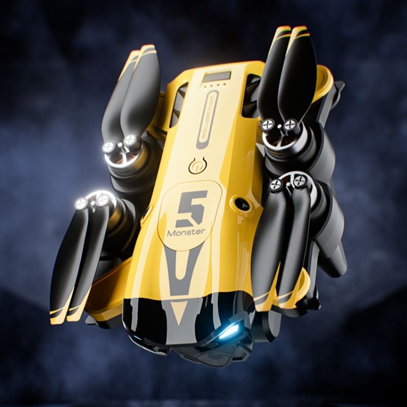 Foldable quadcopter drone with yellow body, triple camera pods, and blue LEDs