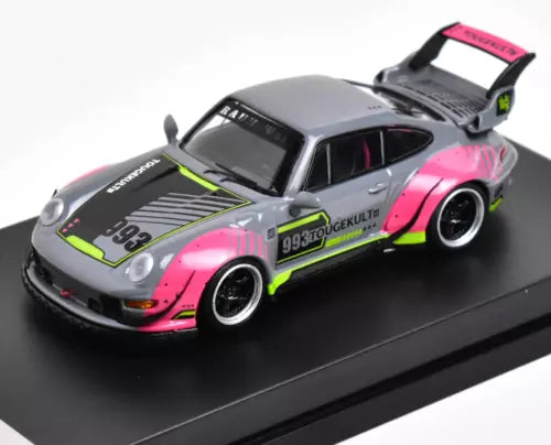 1/64 diecast model car with gray body, pink accents, neon green stripes, black wheels