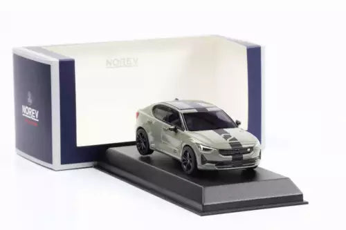 Norev diecast Polestar 2 model car, gray with black roof, on black display base
