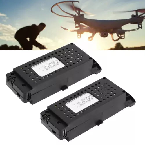 Lithium drone battery pack, black rectangular with terminal ports and label