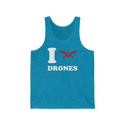 Teal unisex tank top with 'I DRONES' print and small red drone graphic