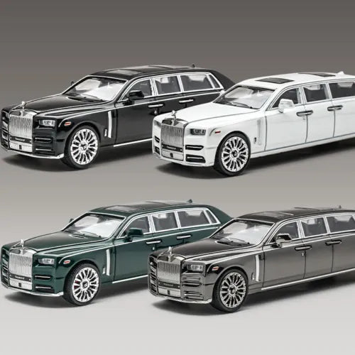 1:64 scale diecast model car set, front views of black, white, green, and gray cars