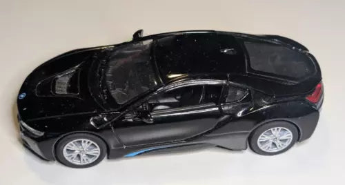 Kinsmart BMW i8 1:36 scale black diecast toy car, side view