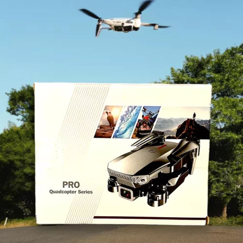Drone quadcopter in retail box, PRO series text and product photo on packaging