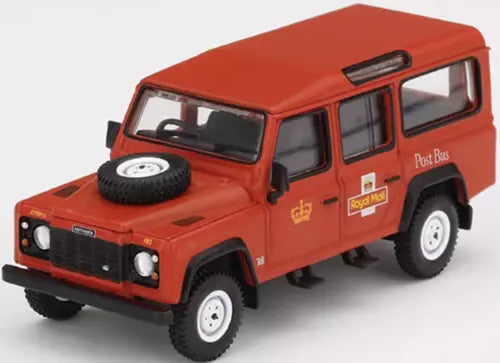 Mini GT diecast Land Rover Defender 110 Royal Mail toy, red with spare tire
